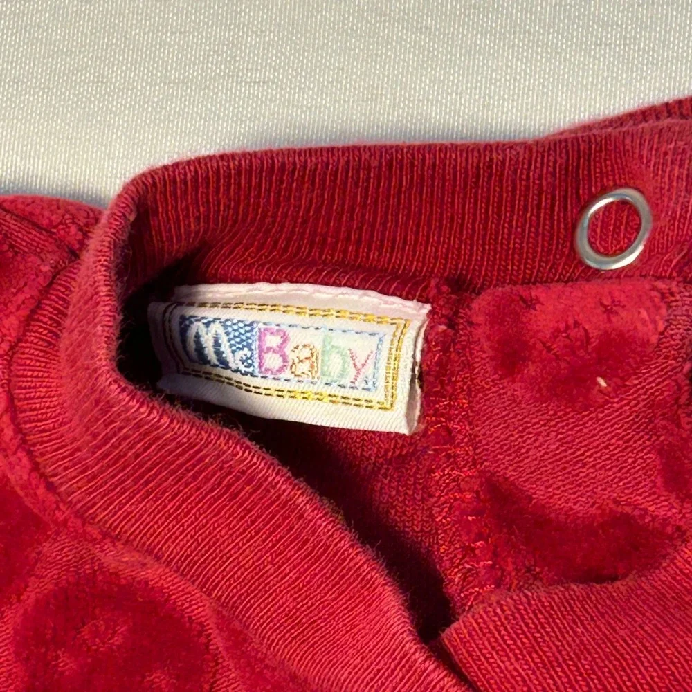 Vintage McBaby Red‎ Plush Footed Pajamas 0-3 Months Teddy Bear Applique Romper